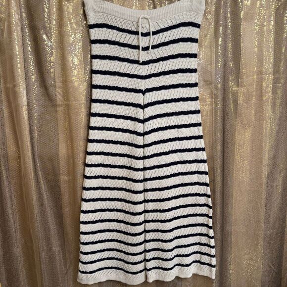 Aerie Striped Crochet Knit Party Pants Ivory Navy Blue Wide Leg Large NWT - Picture 1 of 5